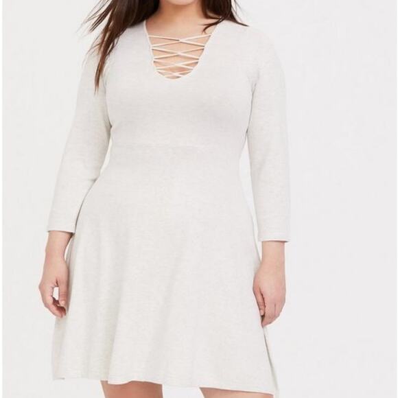 Torrid Oatmeal Heather Mini Sweater Cross Front Skater Dress Lace-Up Lattice - Picture 1 of 15